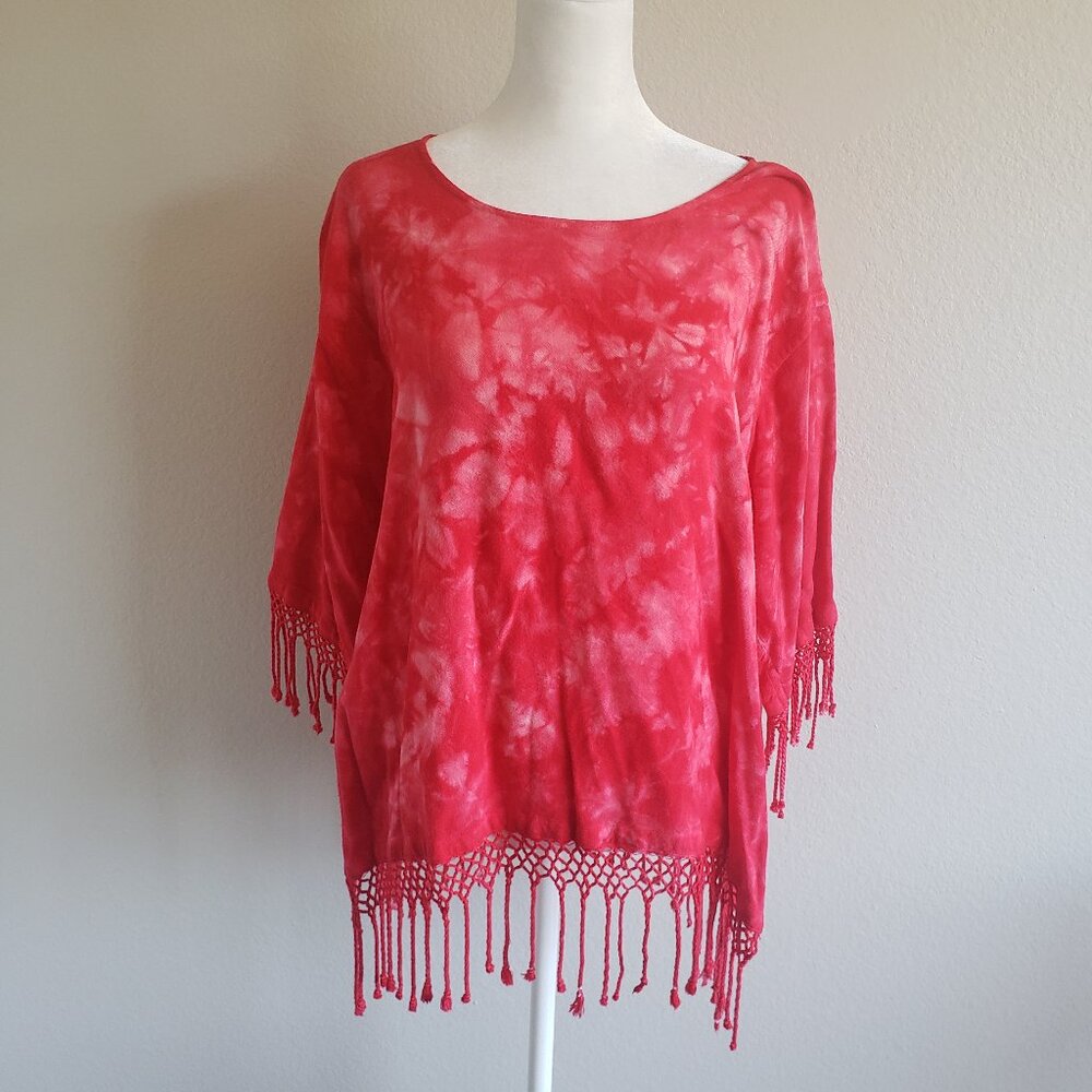 Dairi Fashion Boxy Red Pink Tie Dye Top Blouse Crochet Fringe Hem One Size